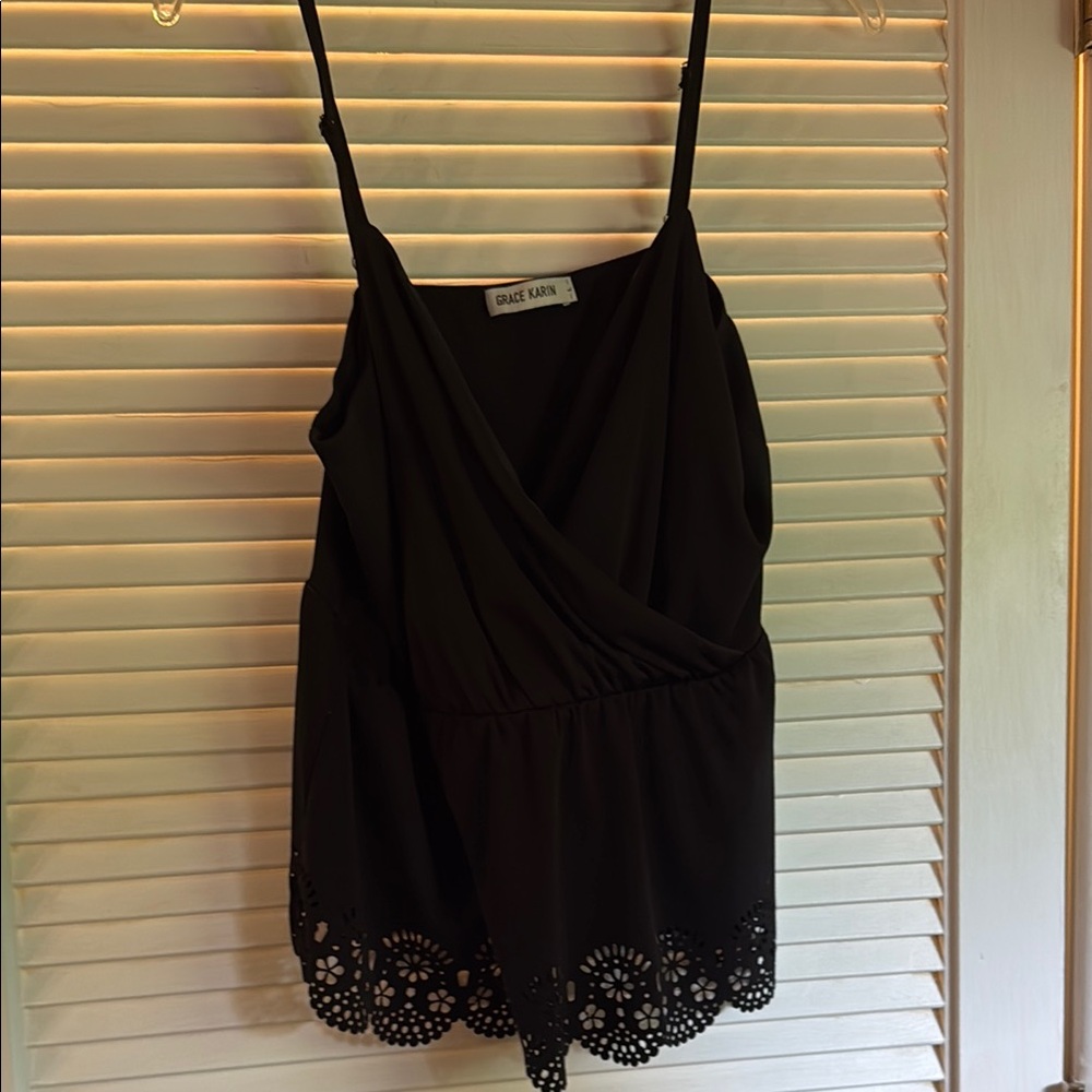 Grace Karin Black Cami with Lace Hem